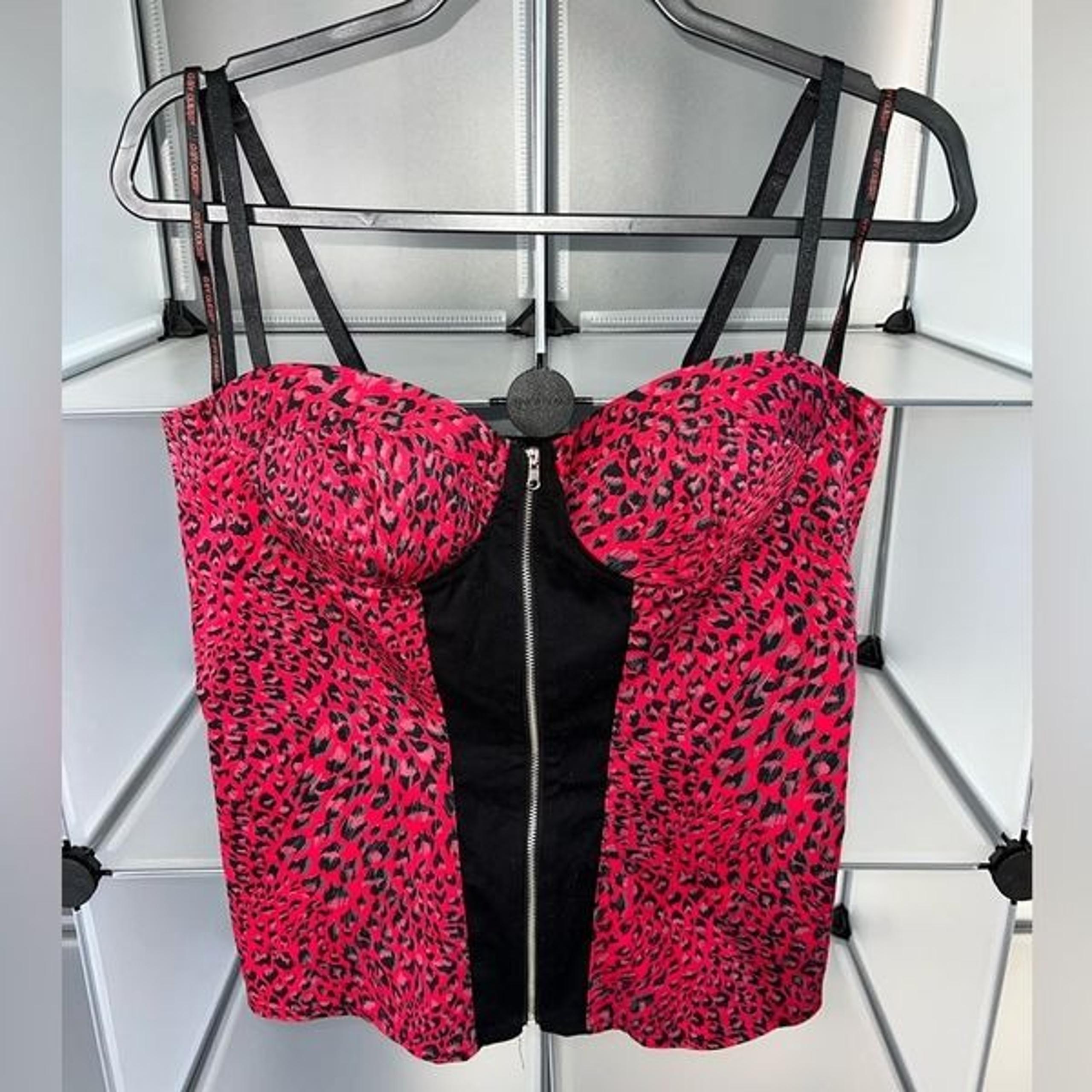 Guess Red Leopart Print Zip Front Corset Top Size XL