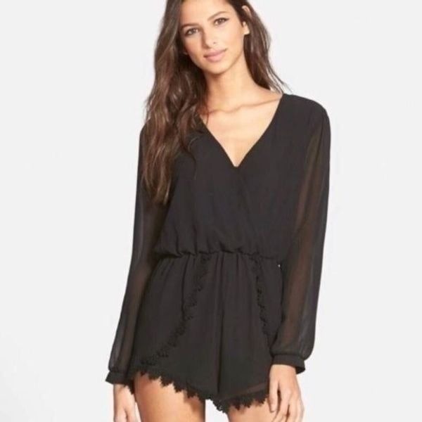 ASTR Lace Trim Long Sleeve Romper in Black Size S