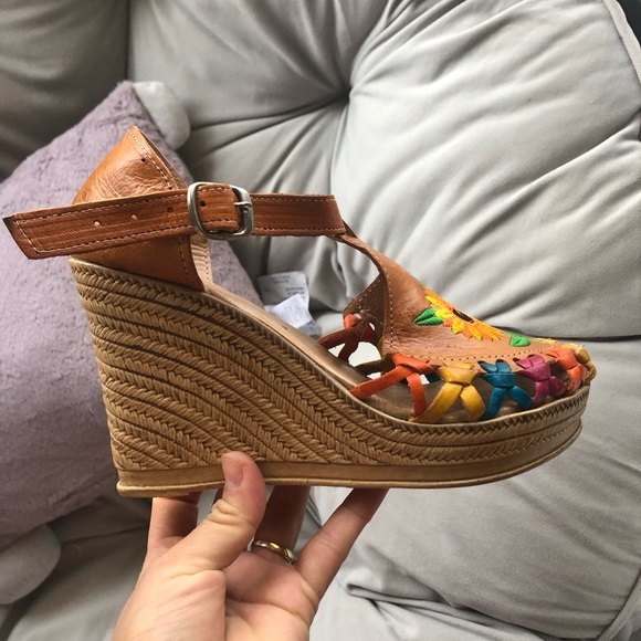 Natural embroider sunflower wedges women shoes