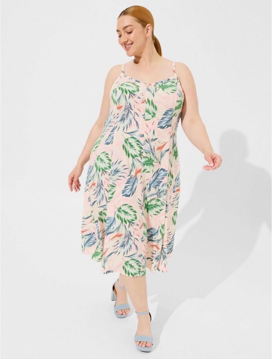 Torrid Midi Wash Challis Sleeveless Tropical Print Trapeze Size 1 Dress