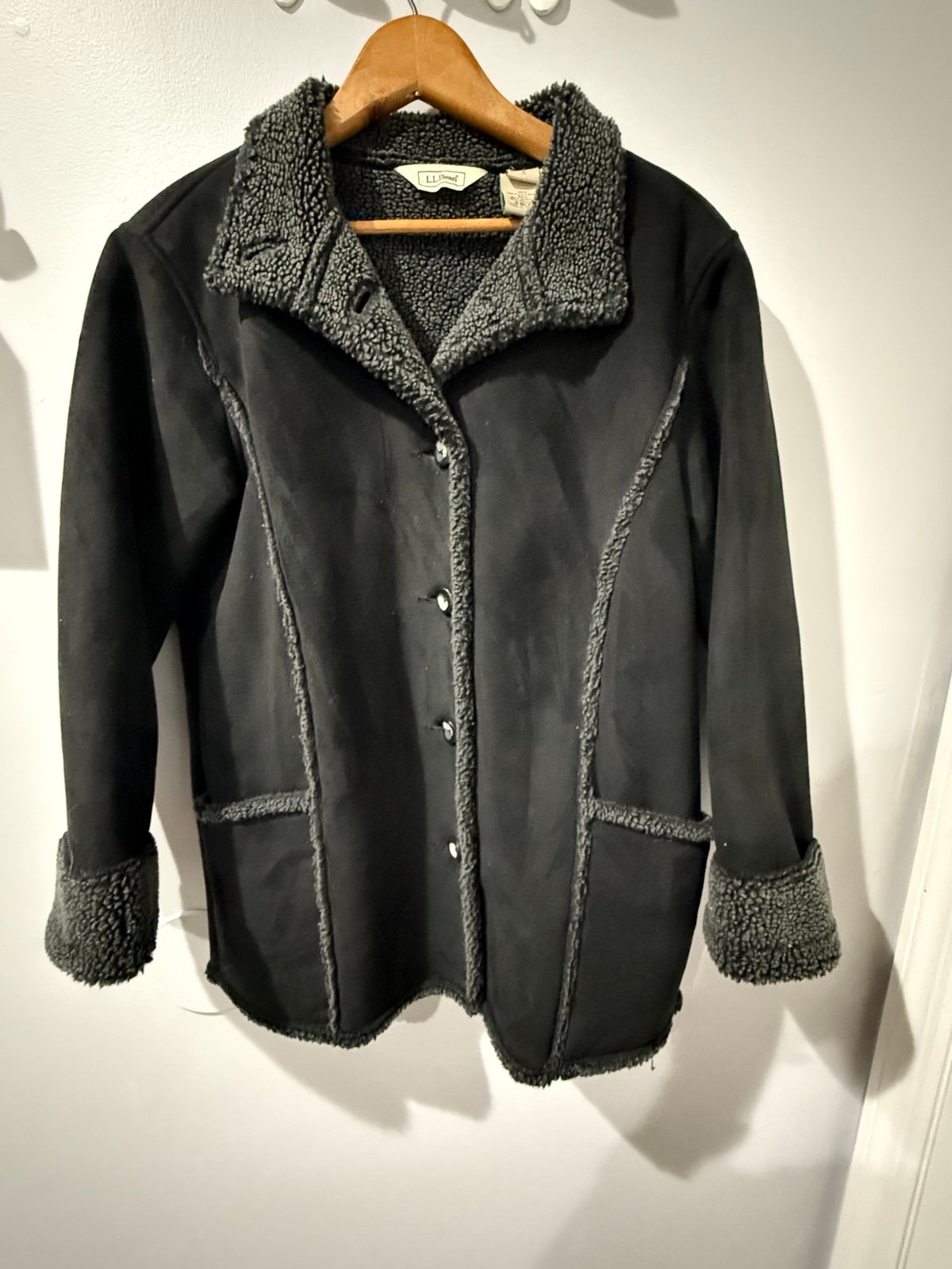 LL Bean Faux Suede Sherpa Lined Jacket Womens Button Down Black Size S Petite SP