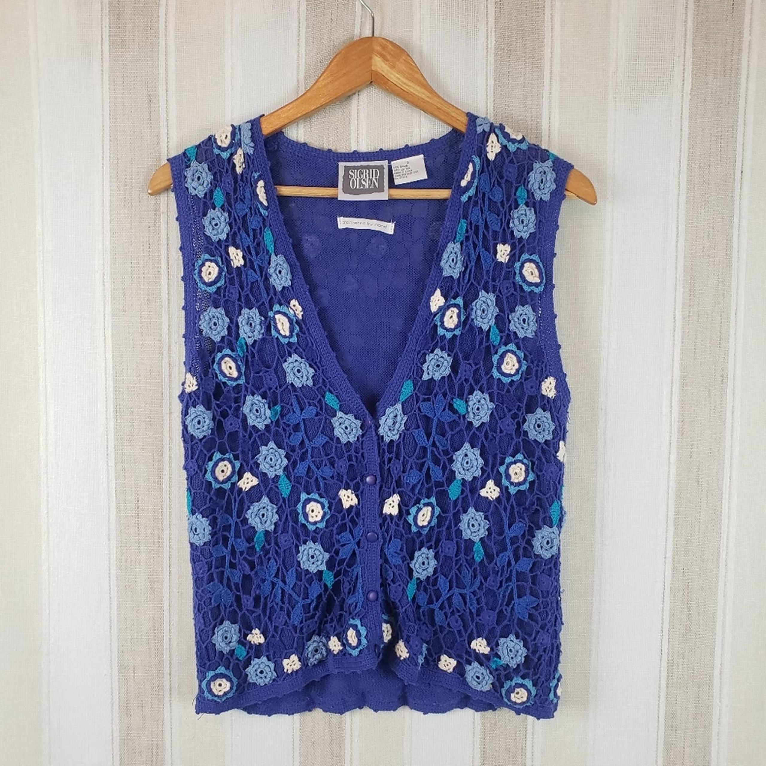 Vintage Sigrid Olsen Crocheted by Hand Sweater Vest Blue Size Small