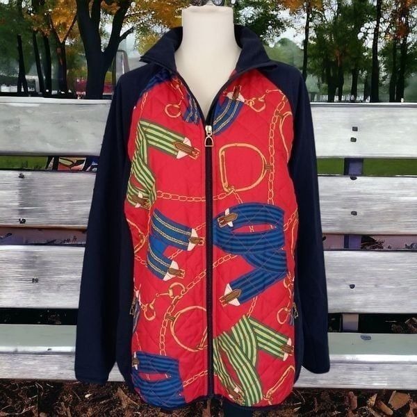 Lauren Ralph Lauren Quilted Equestrian Jacket 1X Horse Bit Zip Up Stretch Vtg.