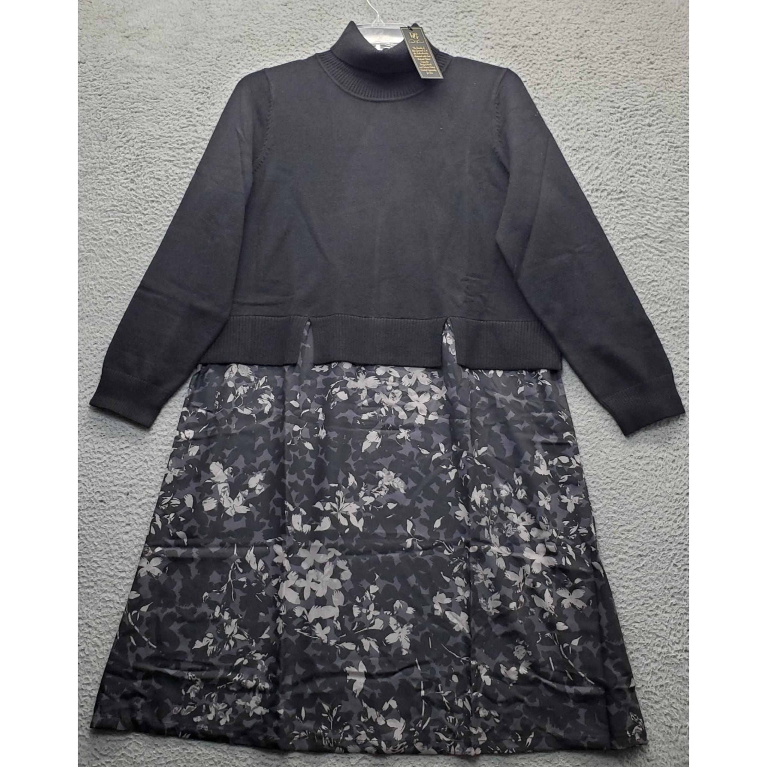 DG2 By Sweater Dress Women 1X Gray Black Floral Knitted Turtle Neck - Diane Gilman