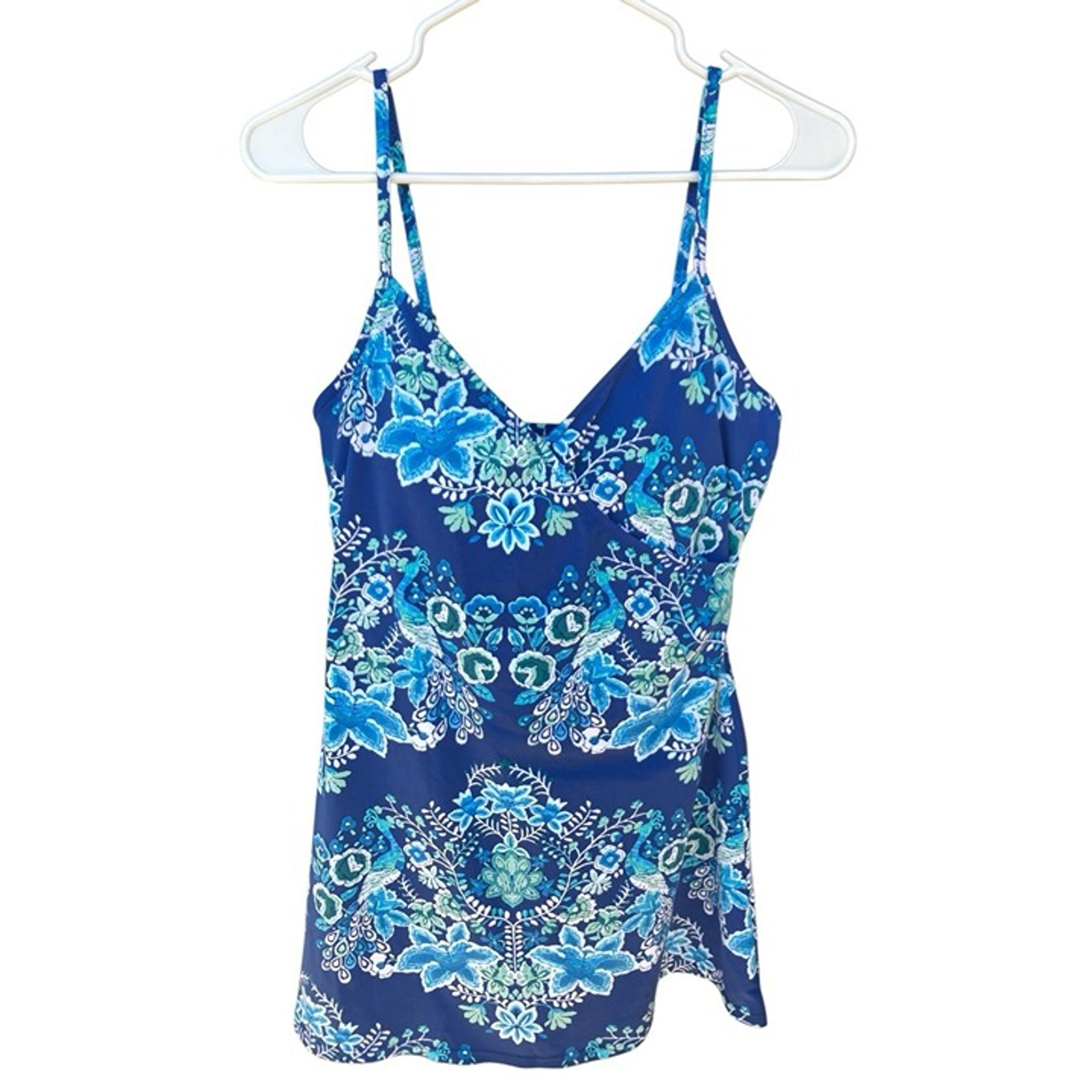 Garnet Hill Blue Floral Swim Dress Suit Size 10 Peacocks Underwire Padded Modest