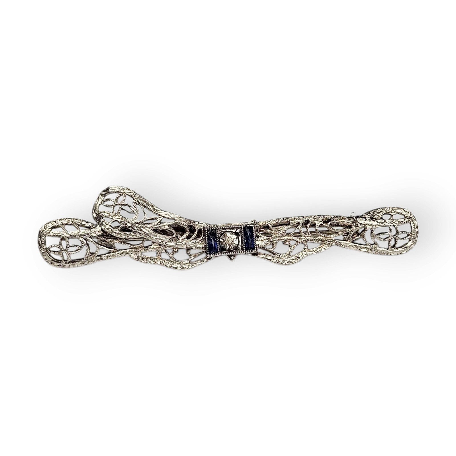 Antique Edwardian Filigree Bow Brooch Blue White Paste Stone White Gold Plate 2
