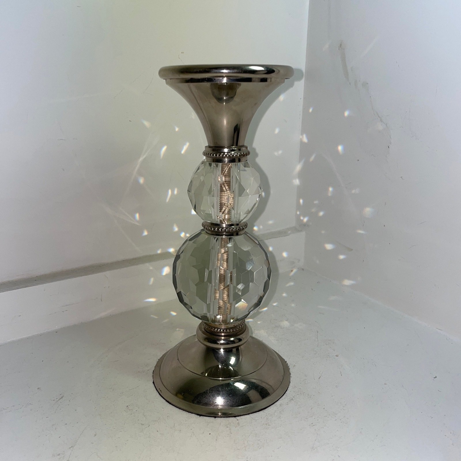 Charming Double Crystal & Silver Nickel Round Tapper Candle Holder Stick 8.5” T
