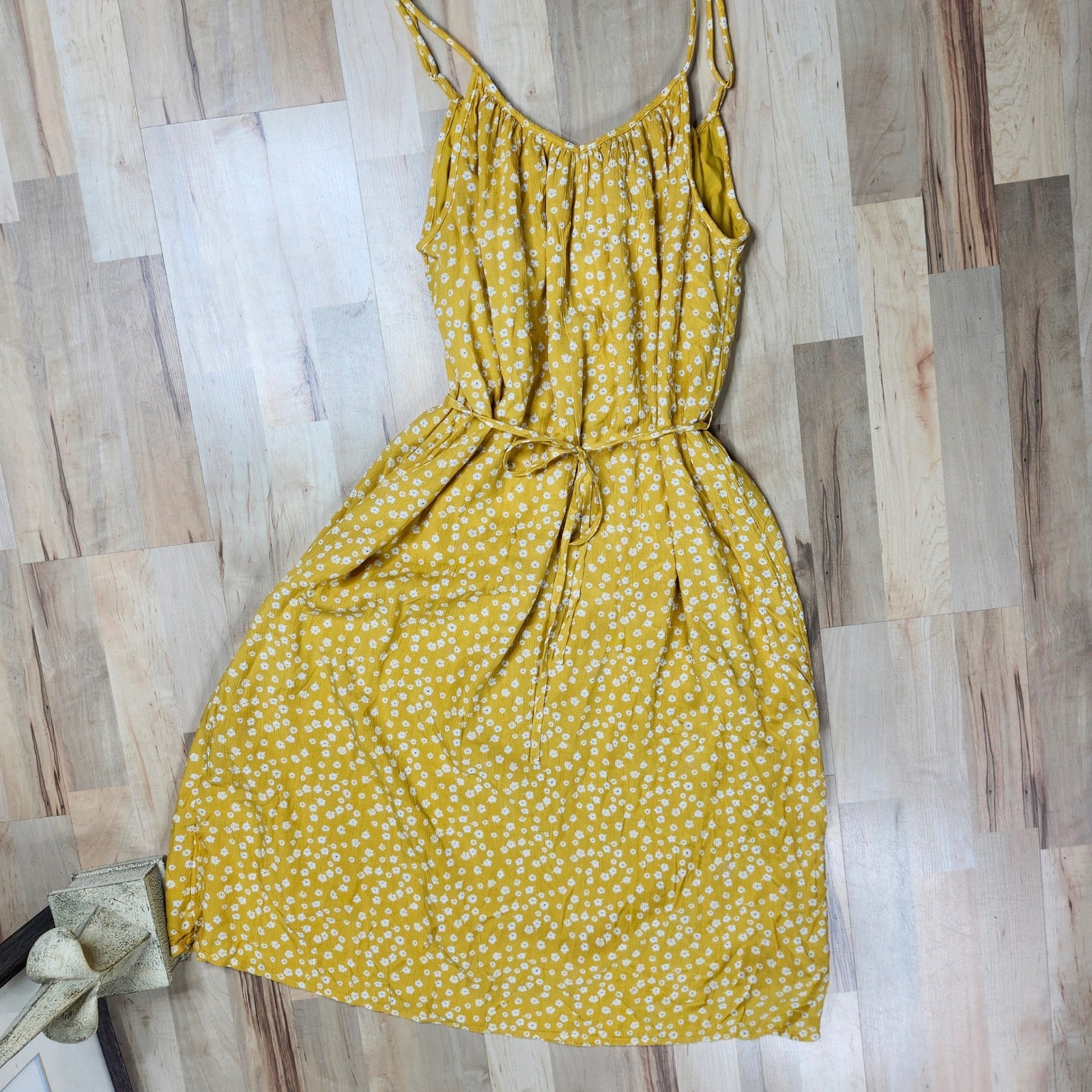 Dip Floral Print Sundress Yellow Sleeveless Casual Dress with Belt M