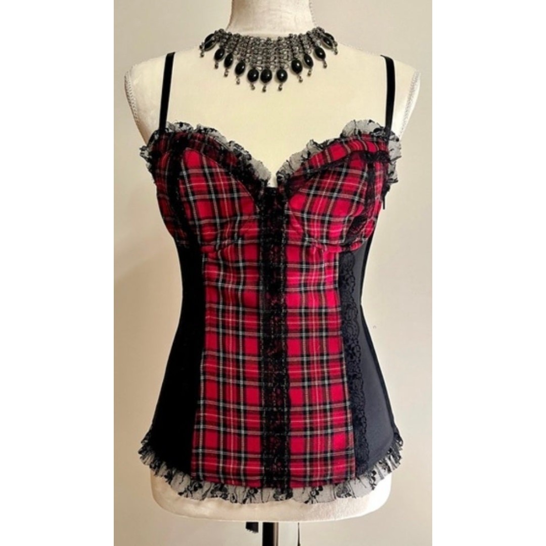 Y2K Vintage Lip Service Black Corset with Red Plaid and Lace Detail SZ Small