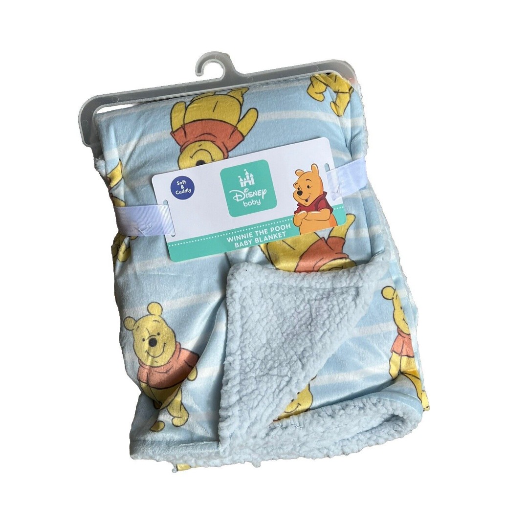 Disney Baby Winnie the Pooh Baby Blanket Blue Sherpa Security Lovey Plush NEW