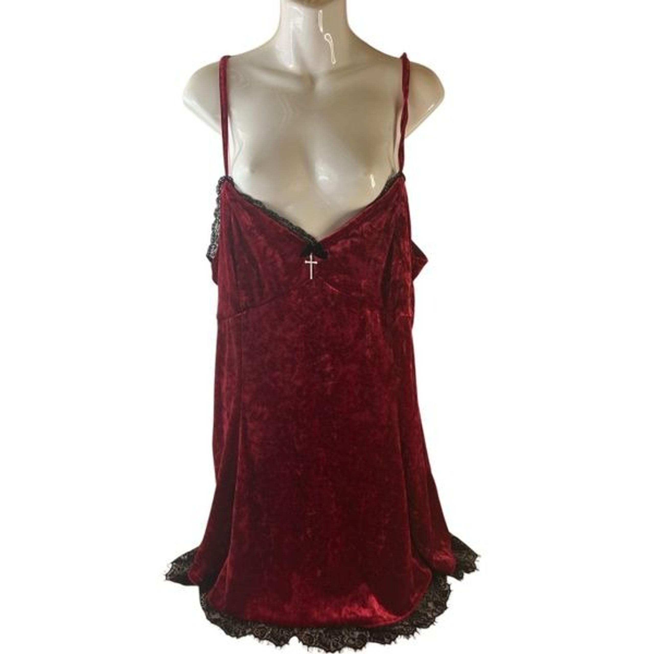 Hot Topic Social Collision 2x Gothic red black lace nighty gown cross crushed ve