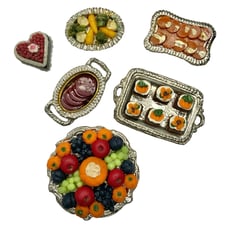 Vintage Miniature Dollhouse Food on Silver Platters Fruit Cranberry Sweet Patato