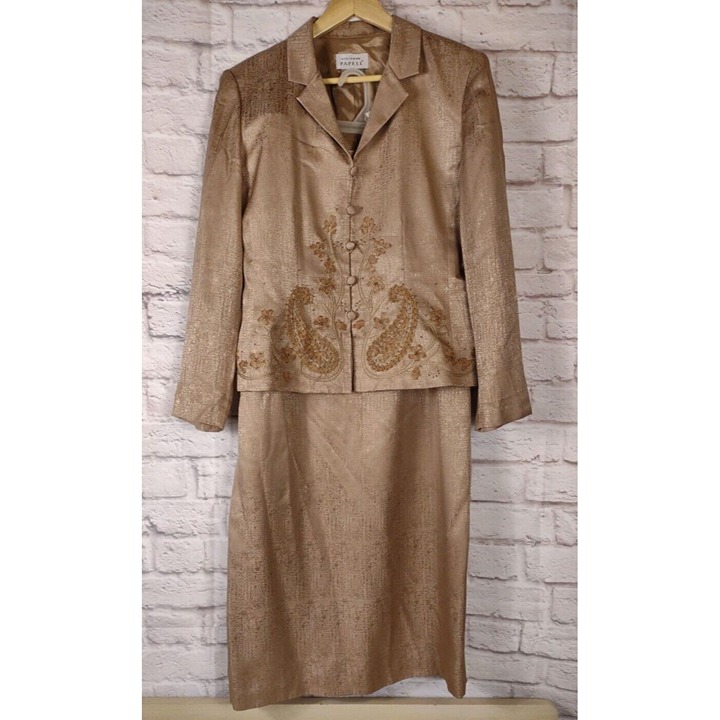 Vtg Adriana Papell 2-piece Beaded Embroidered Silk Suit Long Skirt Blush Sz 12