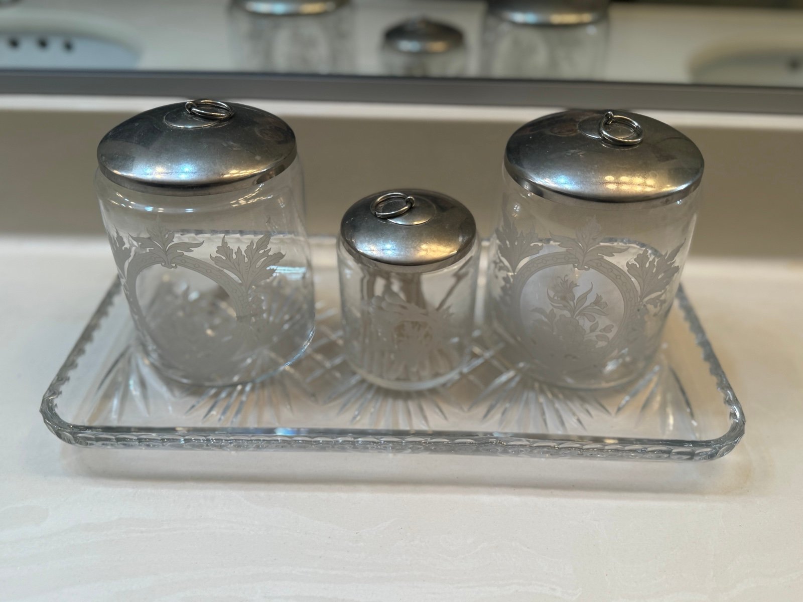 Vintage crystal silver glass canister tray vanity Makeup Brush Cotton Ball Organ