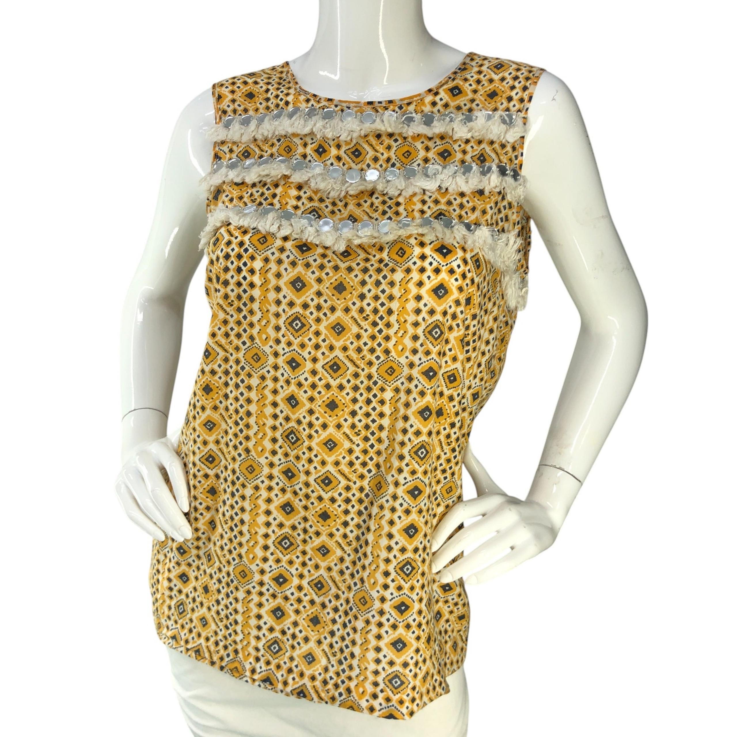 Tory Burch Womens Size 6 Top Embellished Fringe Sleeveless Yellow Rear Zip