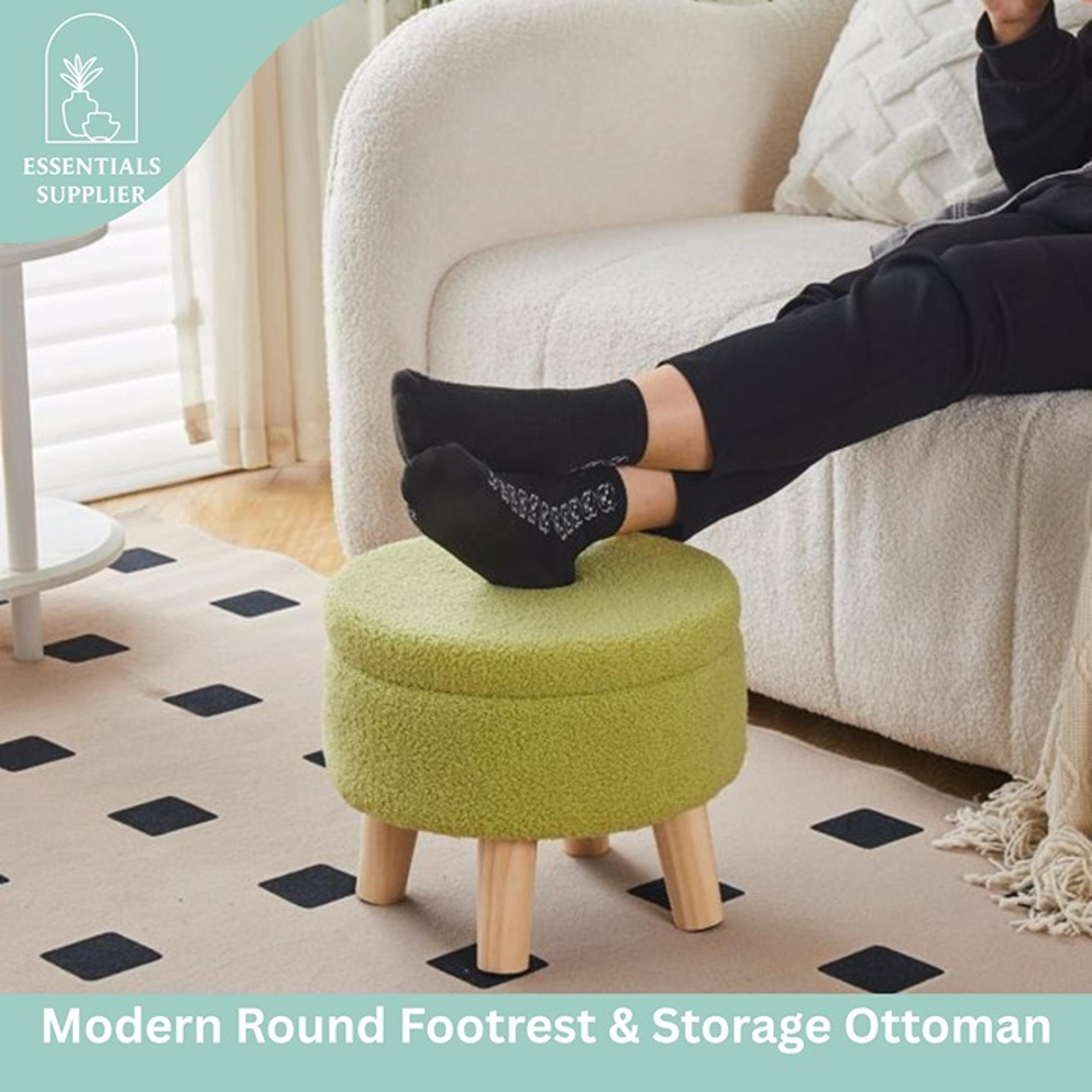 Round Storage Ottoman, Teddy Velvet Footrest with Wood Legs for Living Room