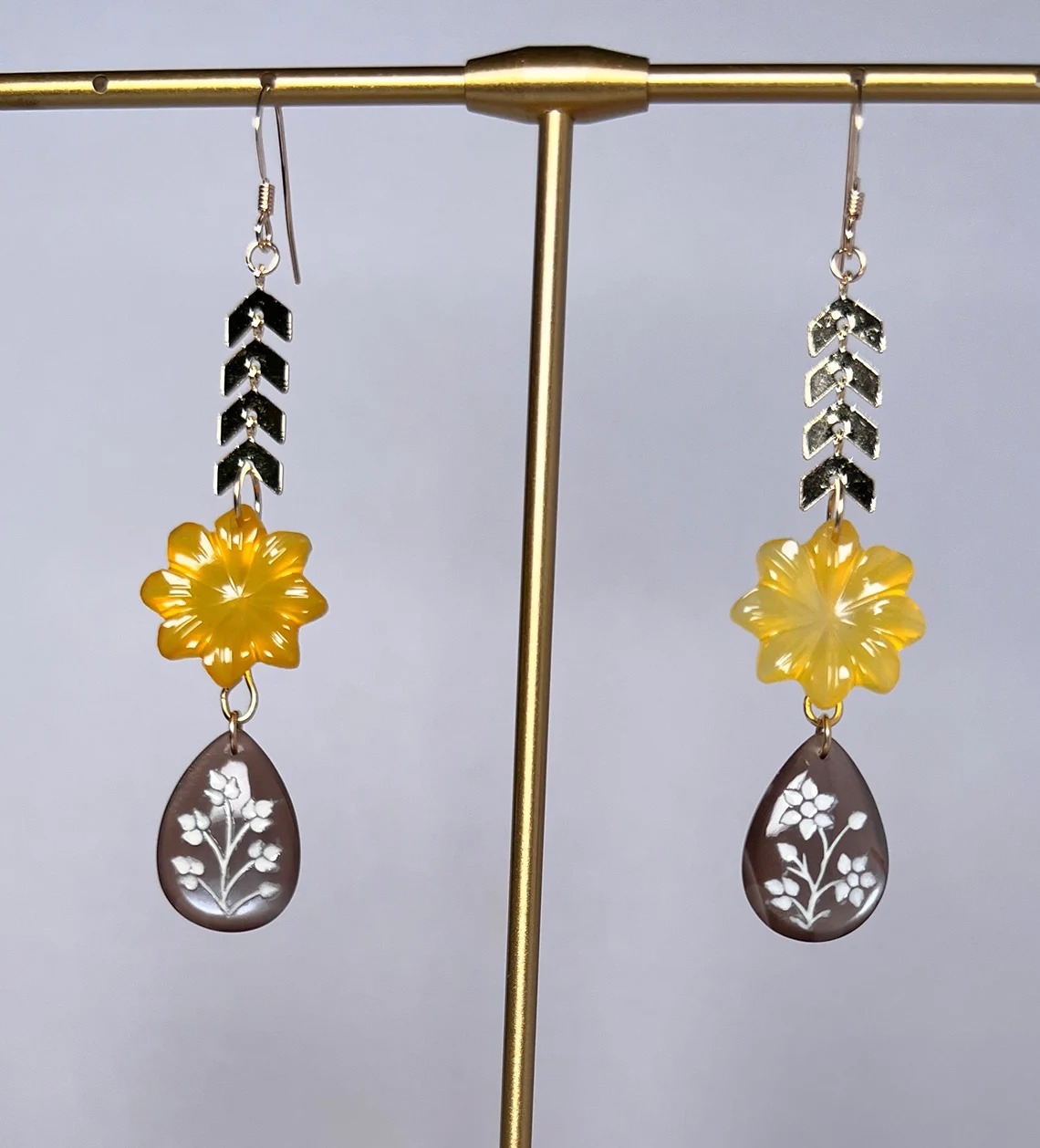 Citrine and Mother of Pearl Carved Gold Filled Earrings