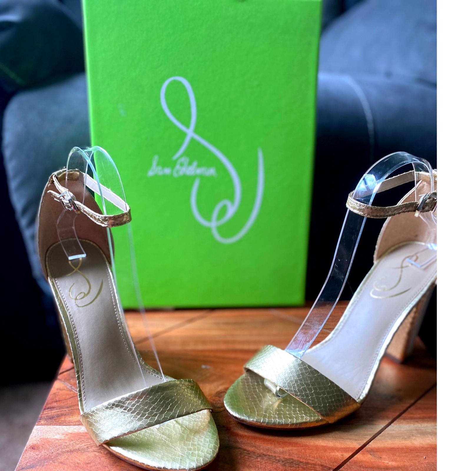 Sam Edelman Gold Heels Ankle Strap Boa Print Party Shoes Size 7.5 NWB