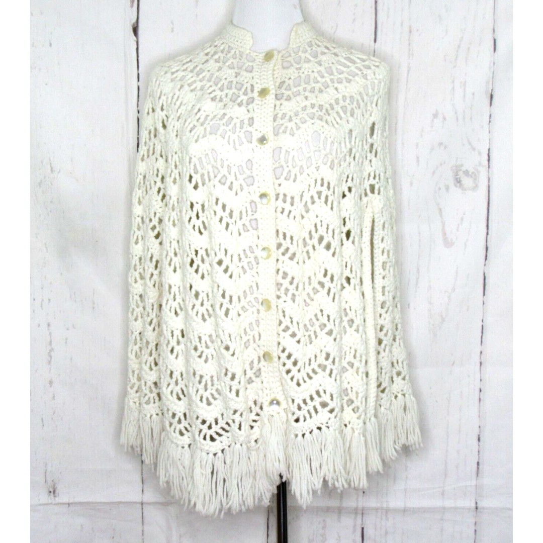 Vintage Hand Crocheted Shawl Poncho Button Front Ivory Fringe Granny Cottagecore