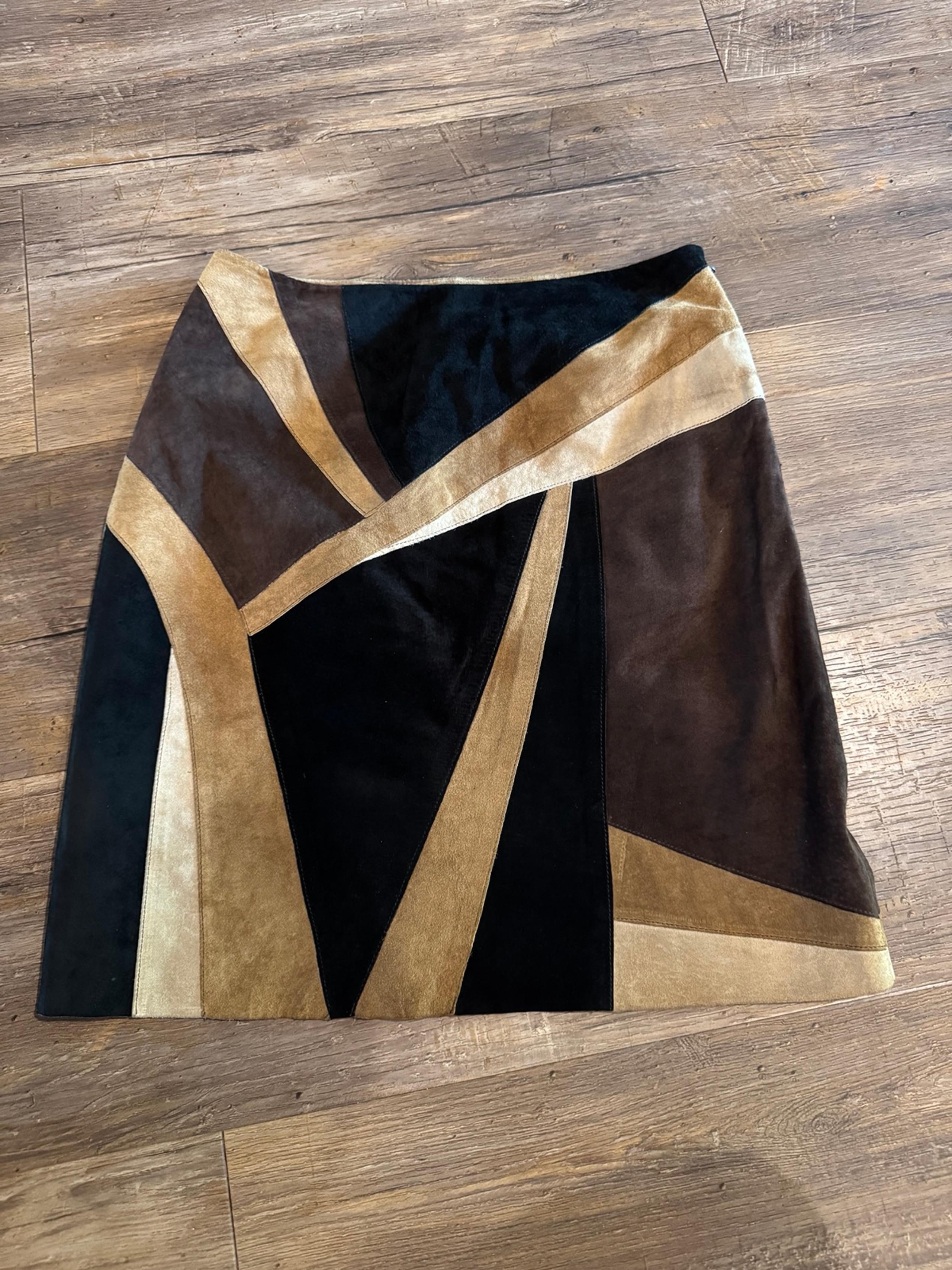 Alfani Colorblock Geometric Brown/Tan Suede Leather Mini Skirt Sz 6 EUC