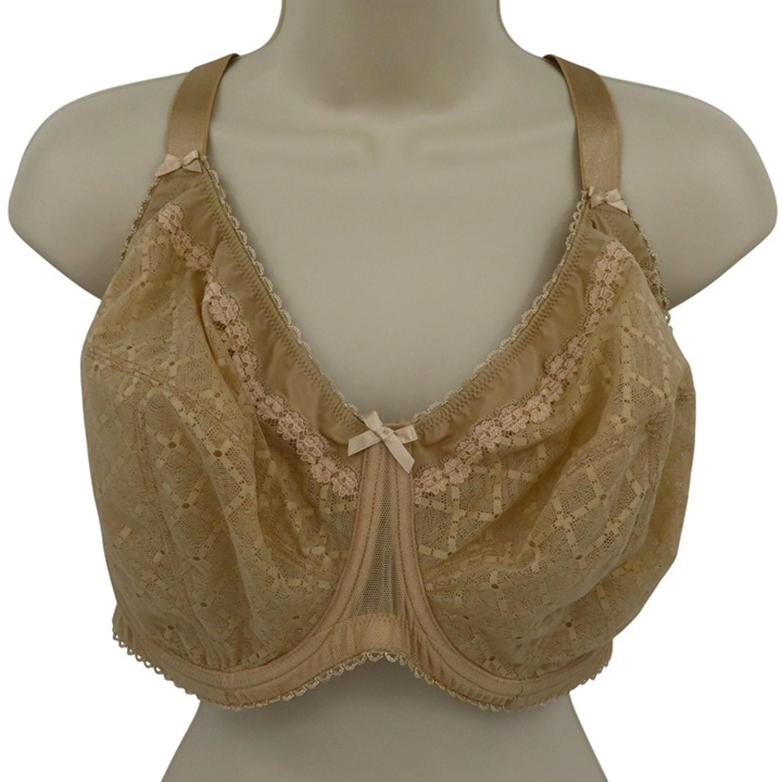 Glamorise Women 42G US Bra Beige Floral Flower Lace Underwire Wide Strap Bow