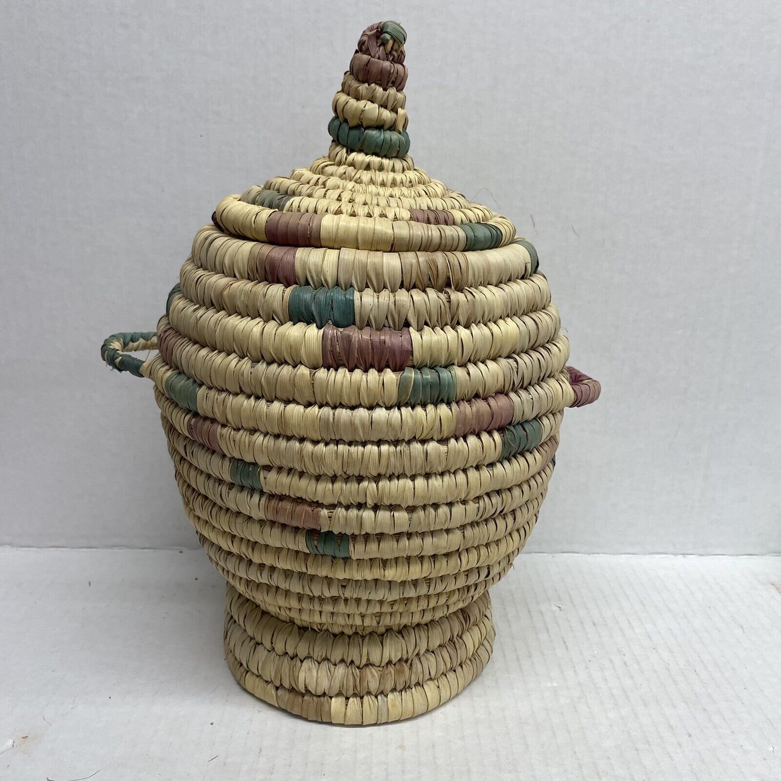 Hand Woven Coil Basket With Lid Handles Tan Pink Green Seagrass