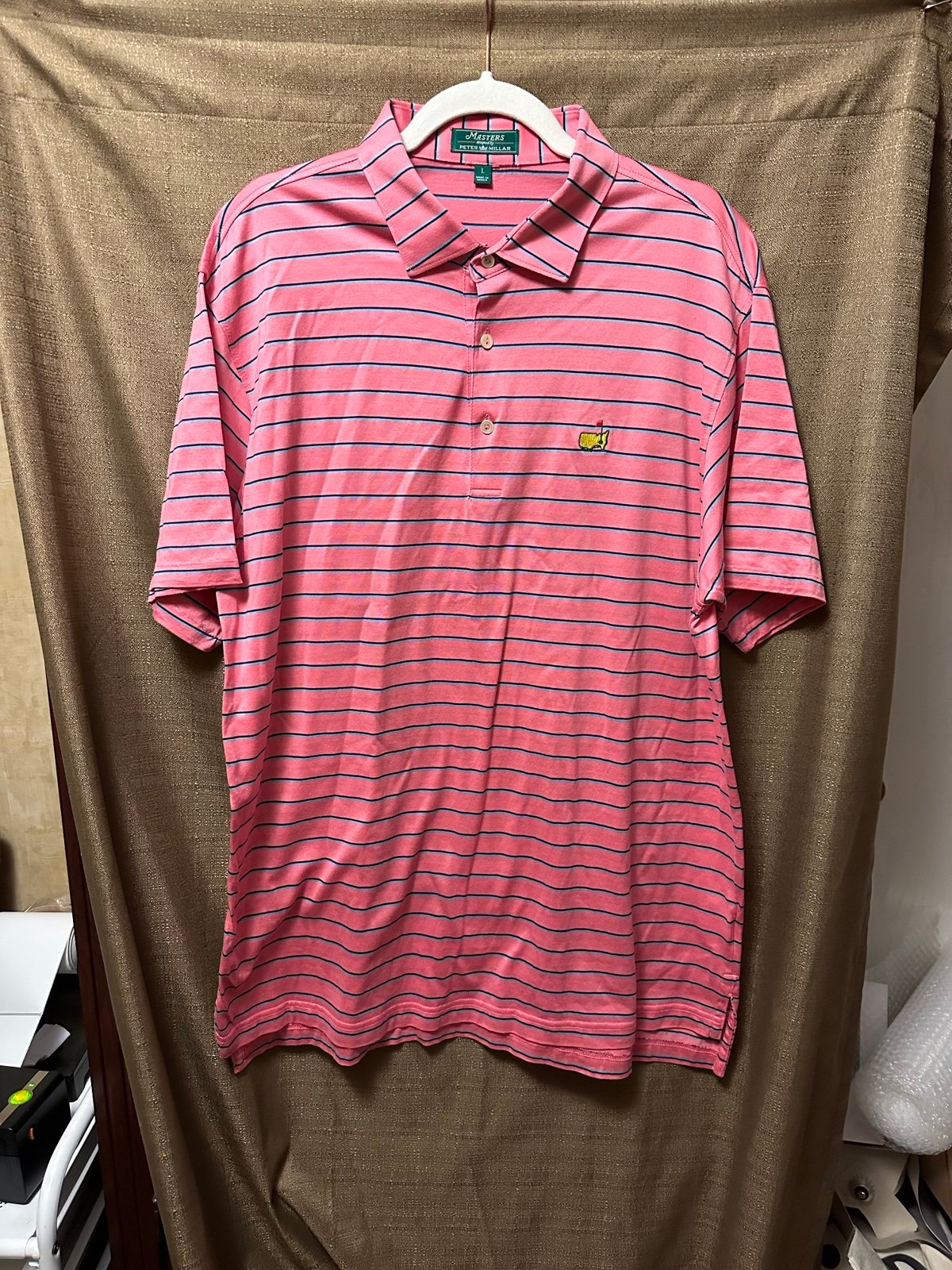 Men The Masters Designed by Peter Millar Polo Shirt Size Large Pink Blue Stripes