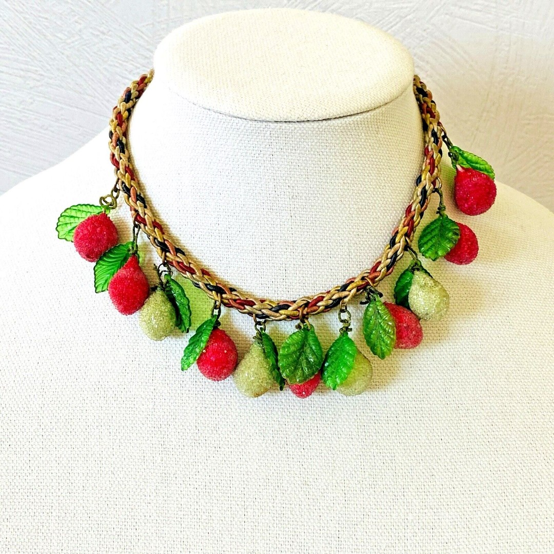 Vintage Sugared Fruit Necklace Charm Bib Colorful Possible Early Haskell 15 Lng