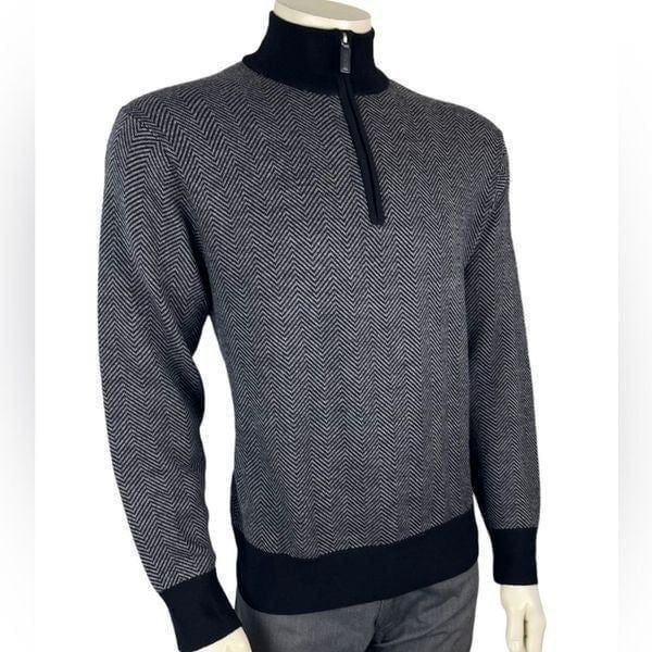 Cremieux Classics Zip Front Pullover in Gray/Black Chevron 100% Merino Wool Sz L