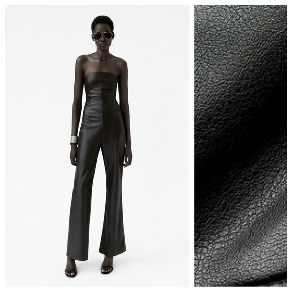 NWT. Zara Black Faux Leather Long Strapless Jumpsuit. Size M.
