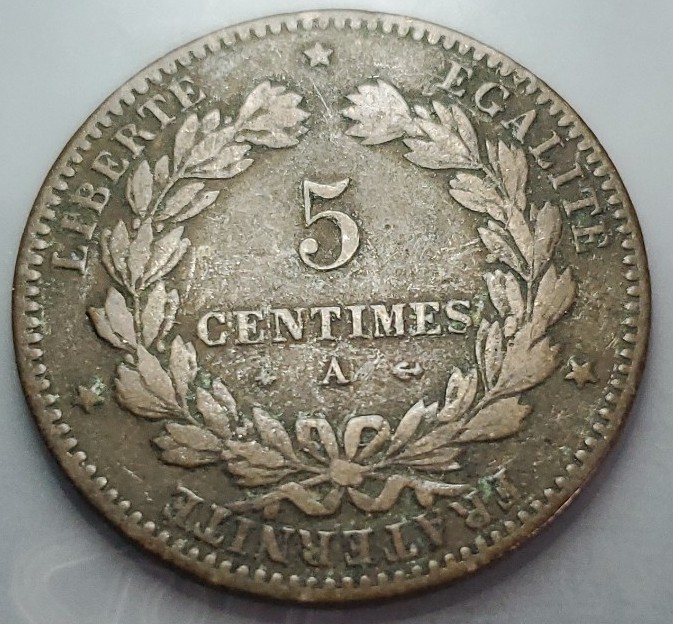 1879 A anchor crossed out RARE Republique Frincaise 5 centimes bronze coin