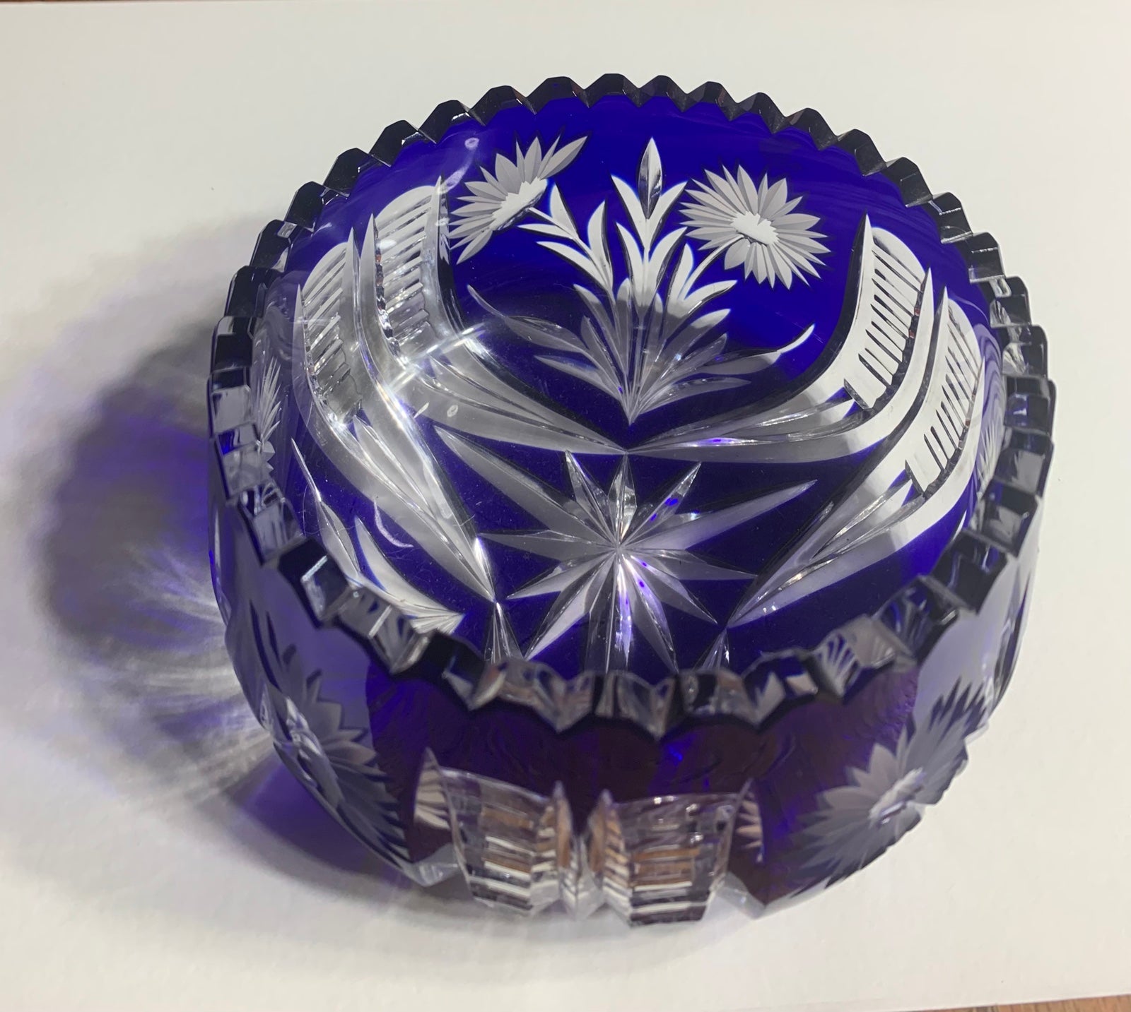 Vintage Hand Cut Cobalt Blue Cut To Clear Crystal Decorative Bowl