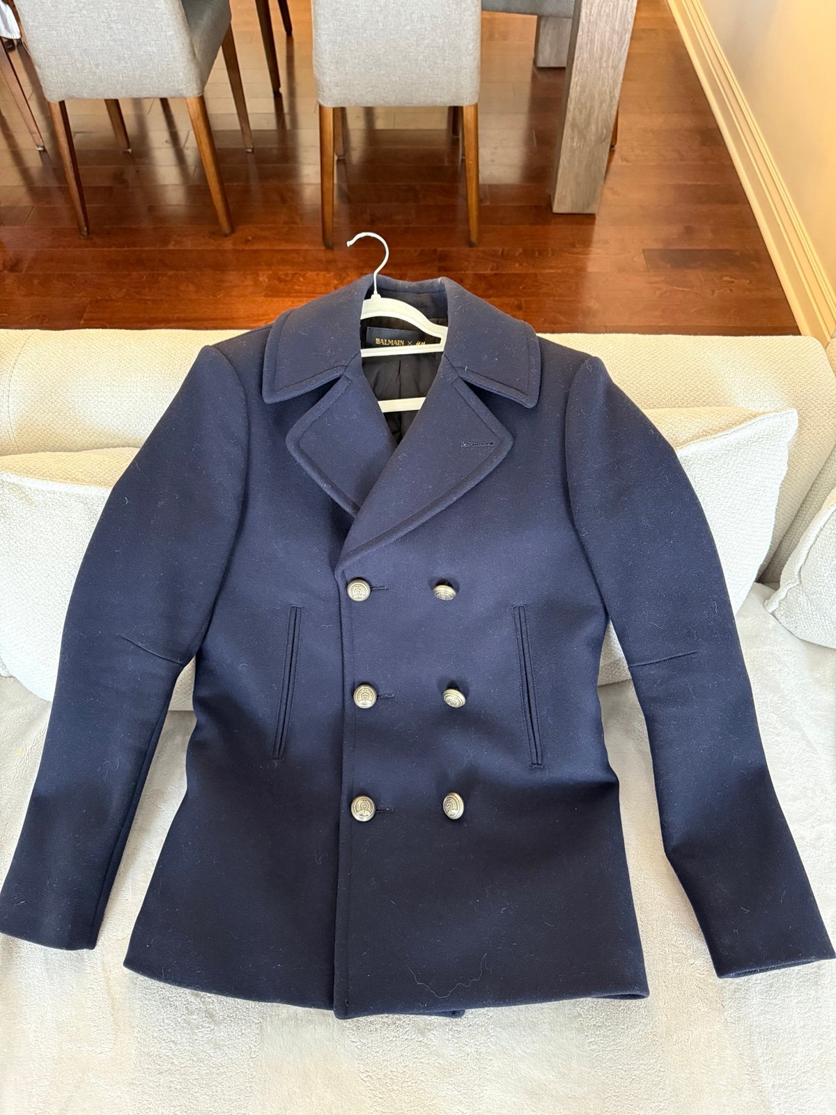 Balmain x H&M navy pea coat