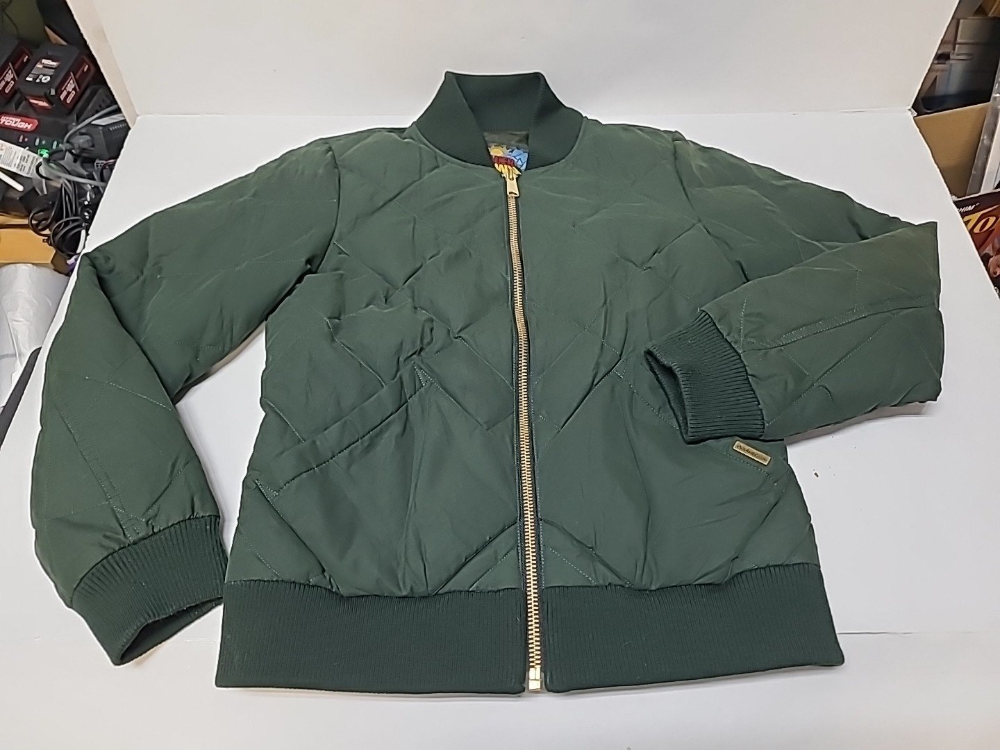 Eddie BAUER DOWN 1936 Skyliner Quilted Bomber EB Womens Zip Green Gold Jacket S