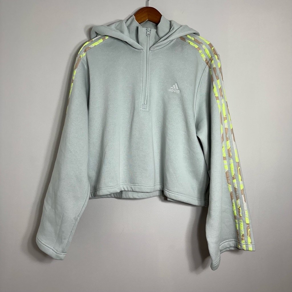 Adidas Essential 3-Stripes Wonder Silver Hooded Boxy Sweatshirt Women Size XL