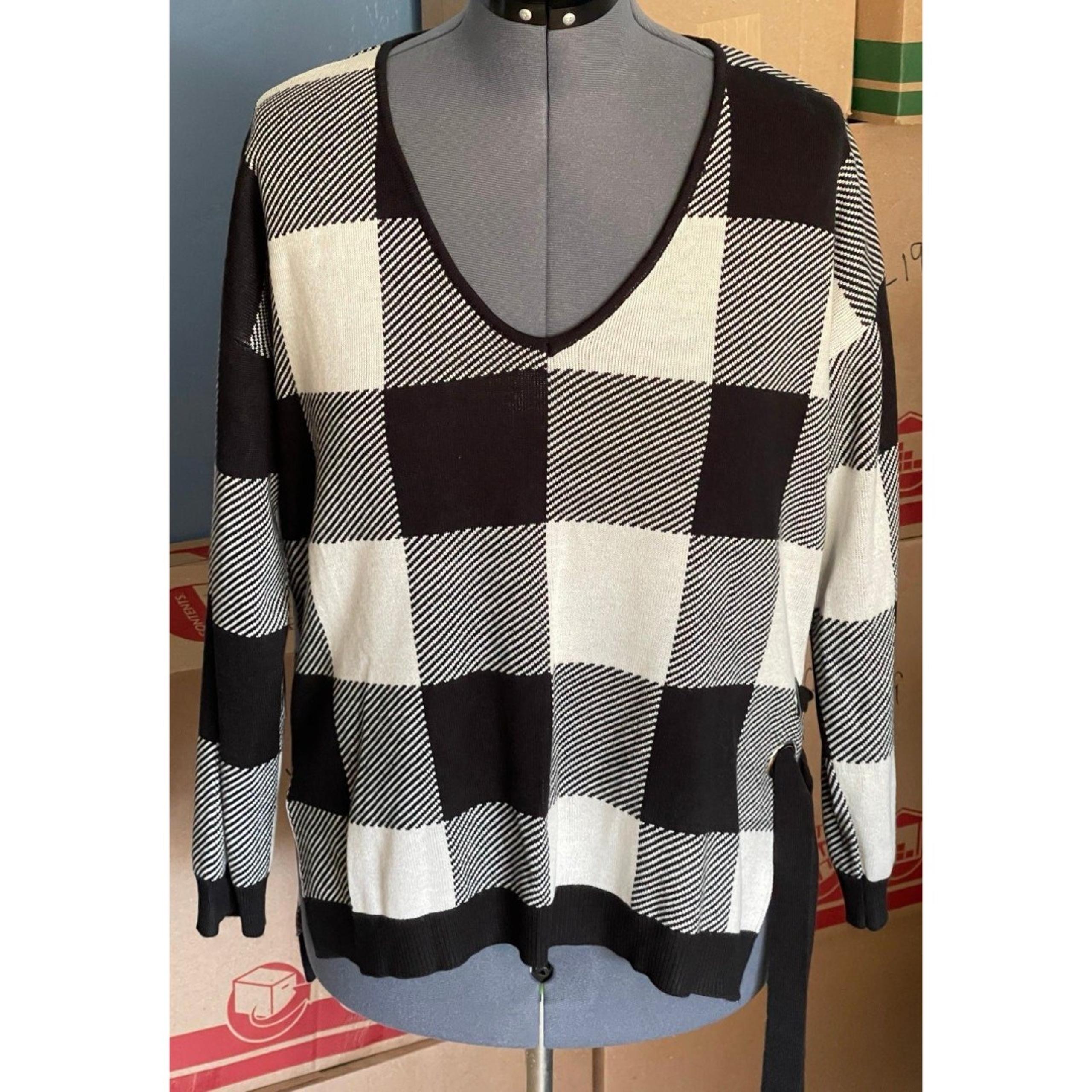 New York & Co Women’s XL Black White Plaid Side Lace-Up Tunic Sweater wb2