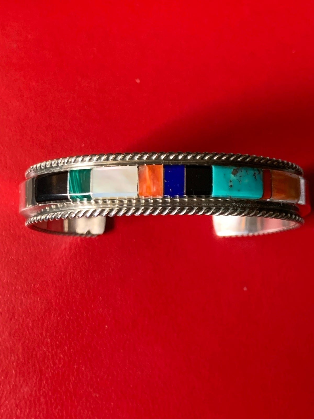 Native American Sterling F Cuff Bracelet w/ Inlaid Flat Rectangular Stones SALE!