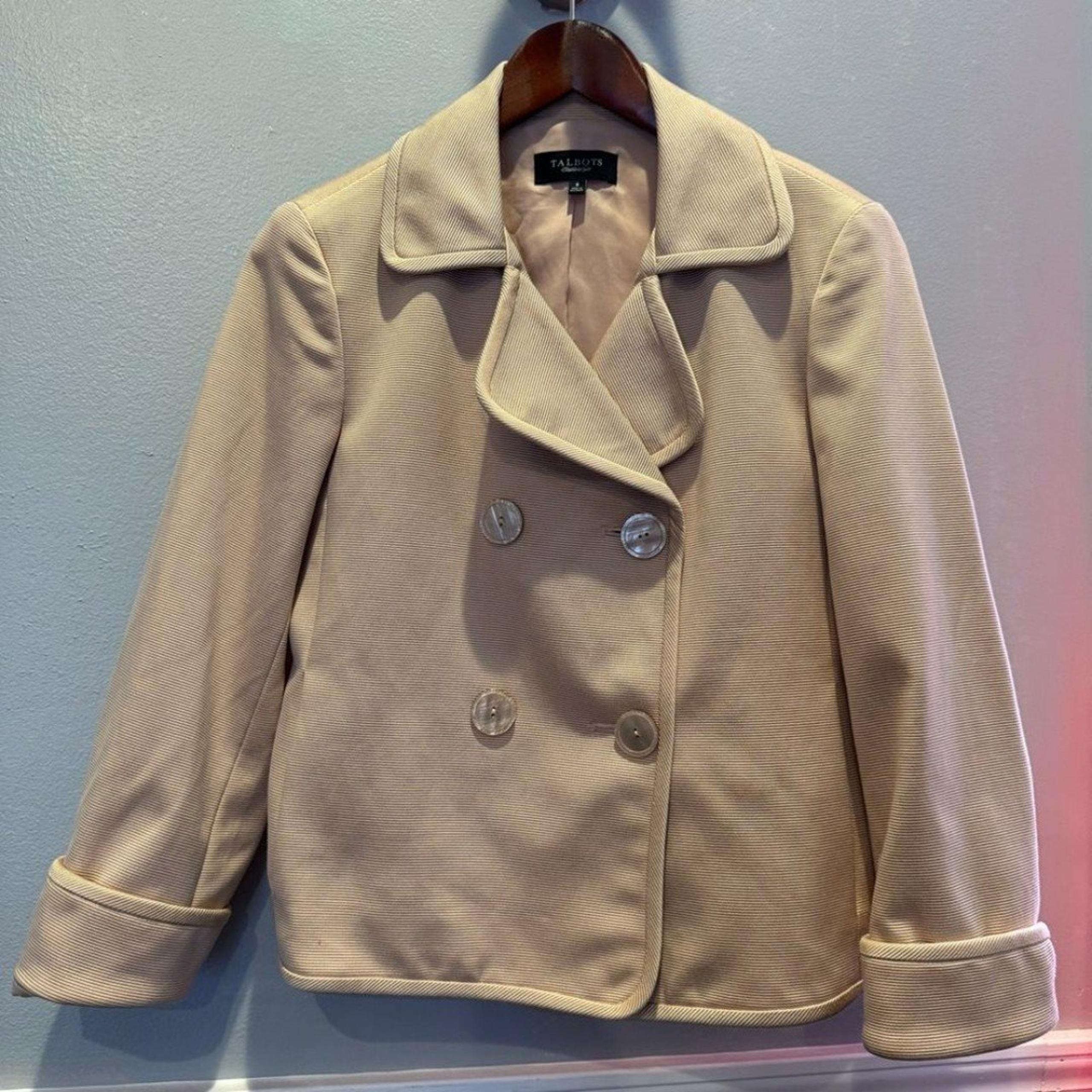 Talbots Grace Fit Double Breasted Blazer Jacket Cotton Silk Khaki Tan 8