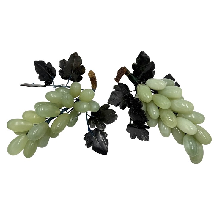 2 VTG Grape Cluster Black Leaves Green Alabaster Marble Stone Wood Stem Set 7.5”