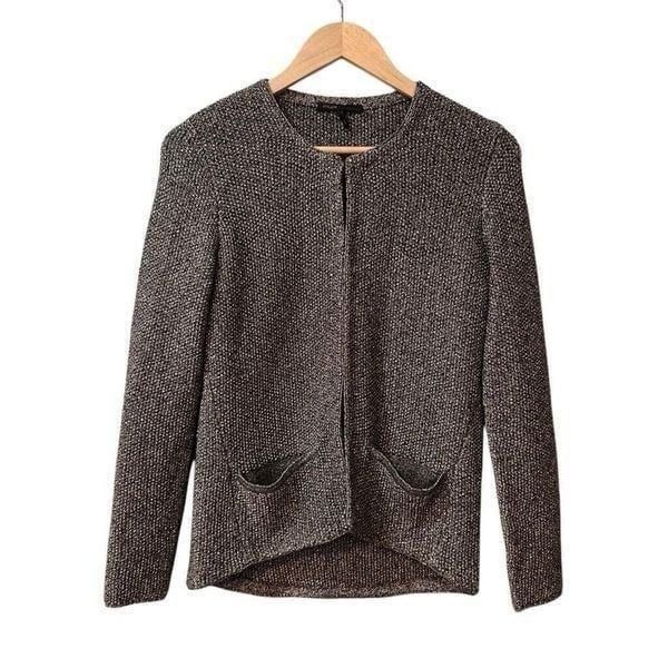 Maje Womens Open Front Jacket Size 1 In Tweed Silver Metallic Thread
