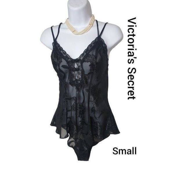 Victoria's Secret Black Lace Sexy Lingerie Bodysuit Rose Print Sheer Small RARE