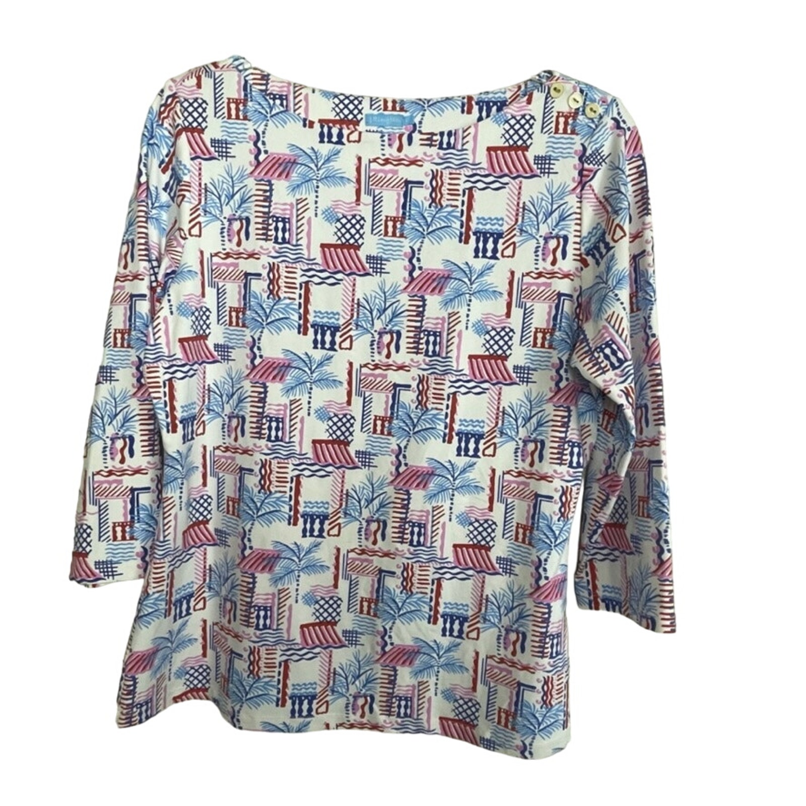 J McLaughlin Boat Neck Top Women's L Catalina Cloth 3/4 Sleeve White Blue Red