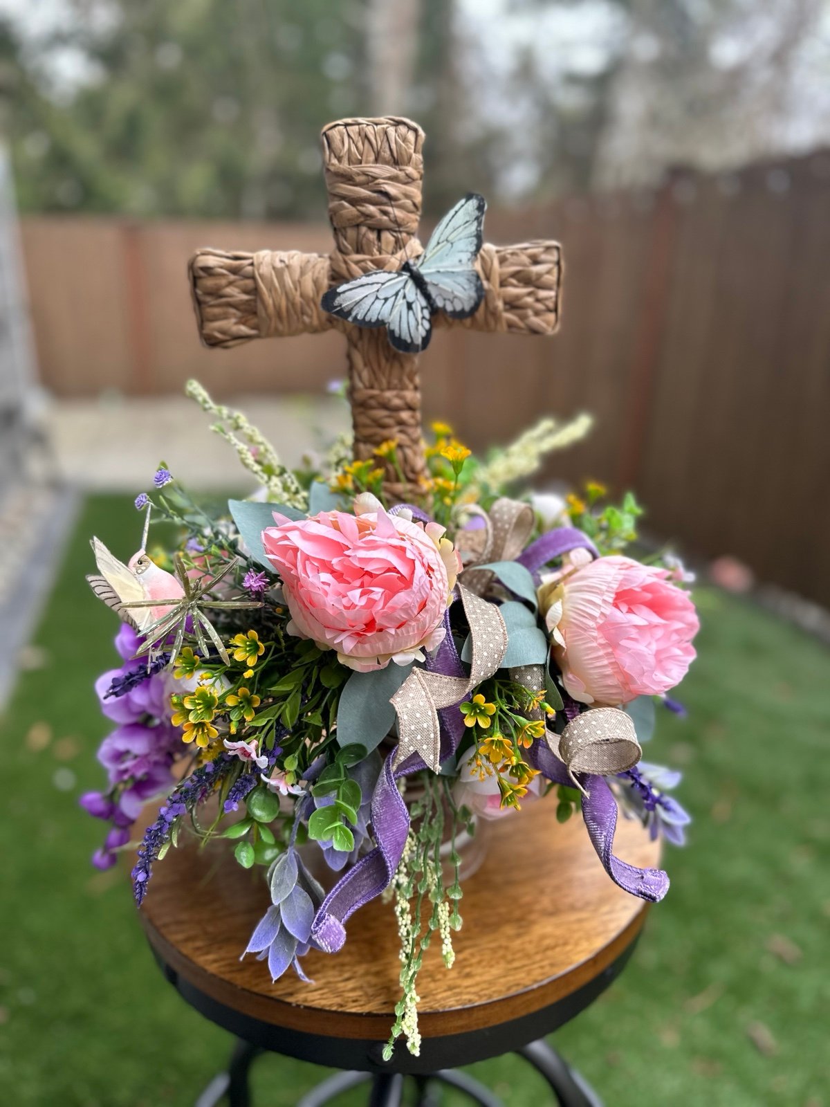 Spring Easter Wicker cross faith he is resin table centerpiece
