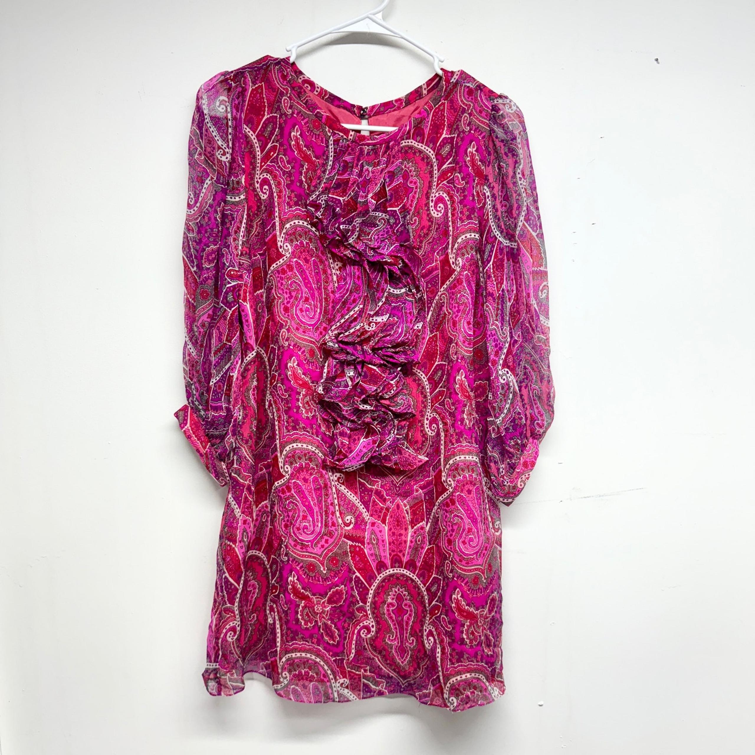 TIBI Women Pink Abstract Long Sleeve Cruved Neckline Mini Dress Size 6