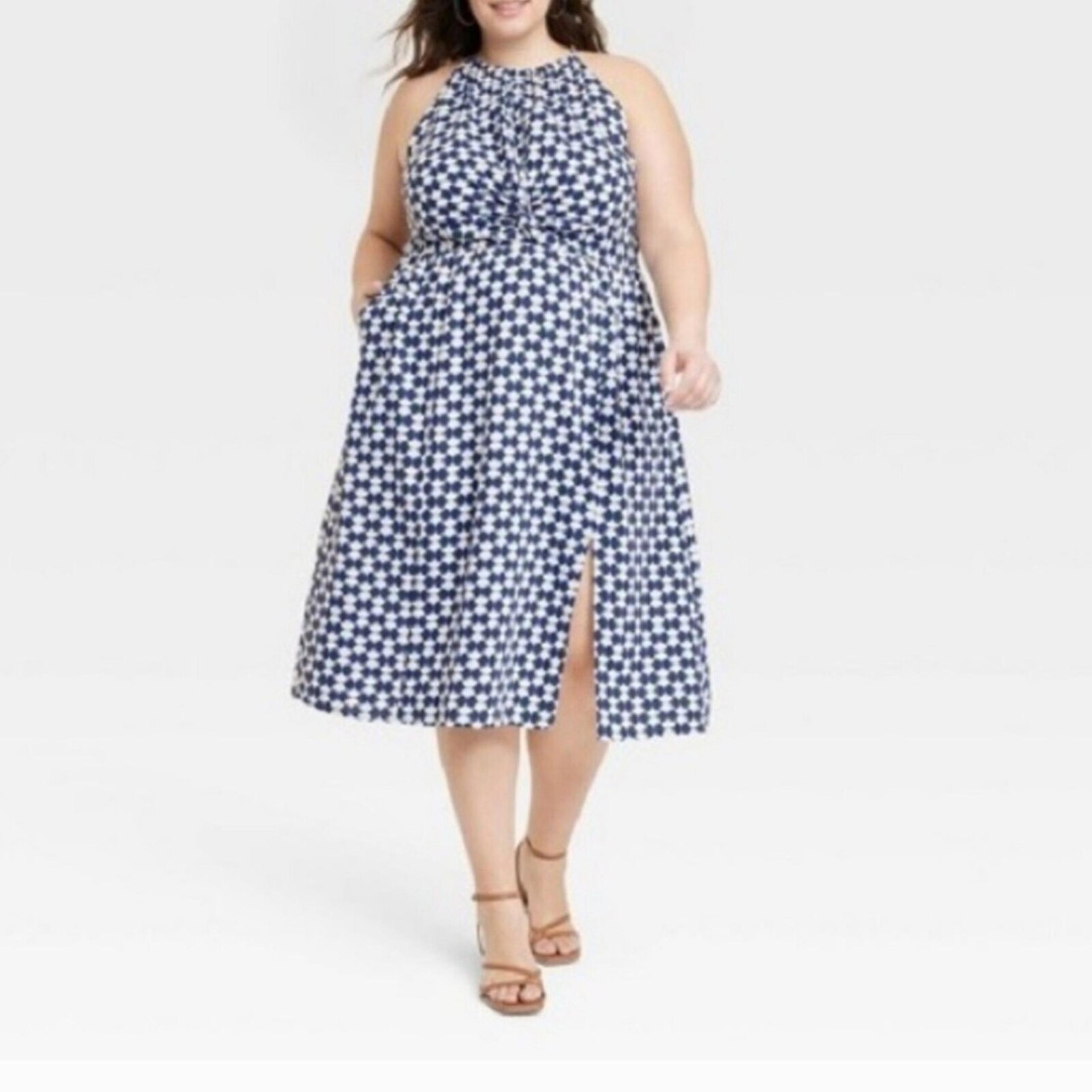 Ava & Viv Dress Women's Size 2X Blue White Geometric Halter Neck Pockets New