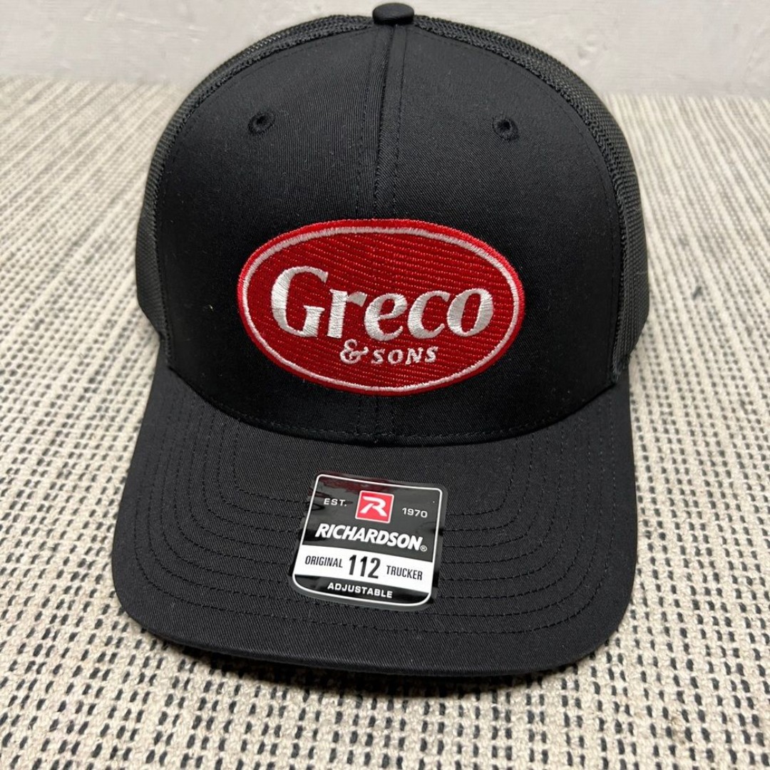 Richardson GRECO & Sons red patch black trucker hat SnapBack OS
