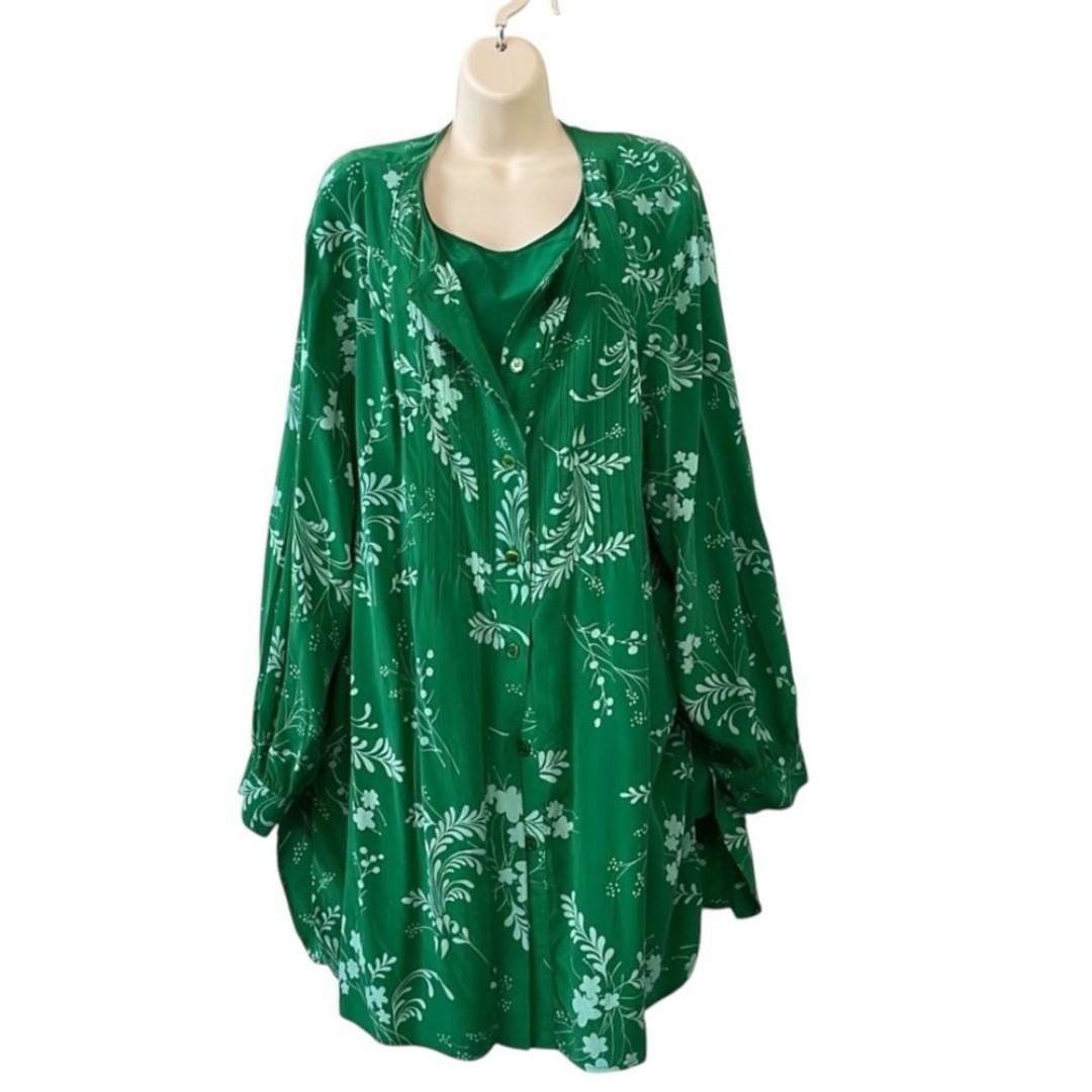 Vintage Diane Von Furstenberg Womens 2X Silk Floral Tunic + Silk Tank Top Green