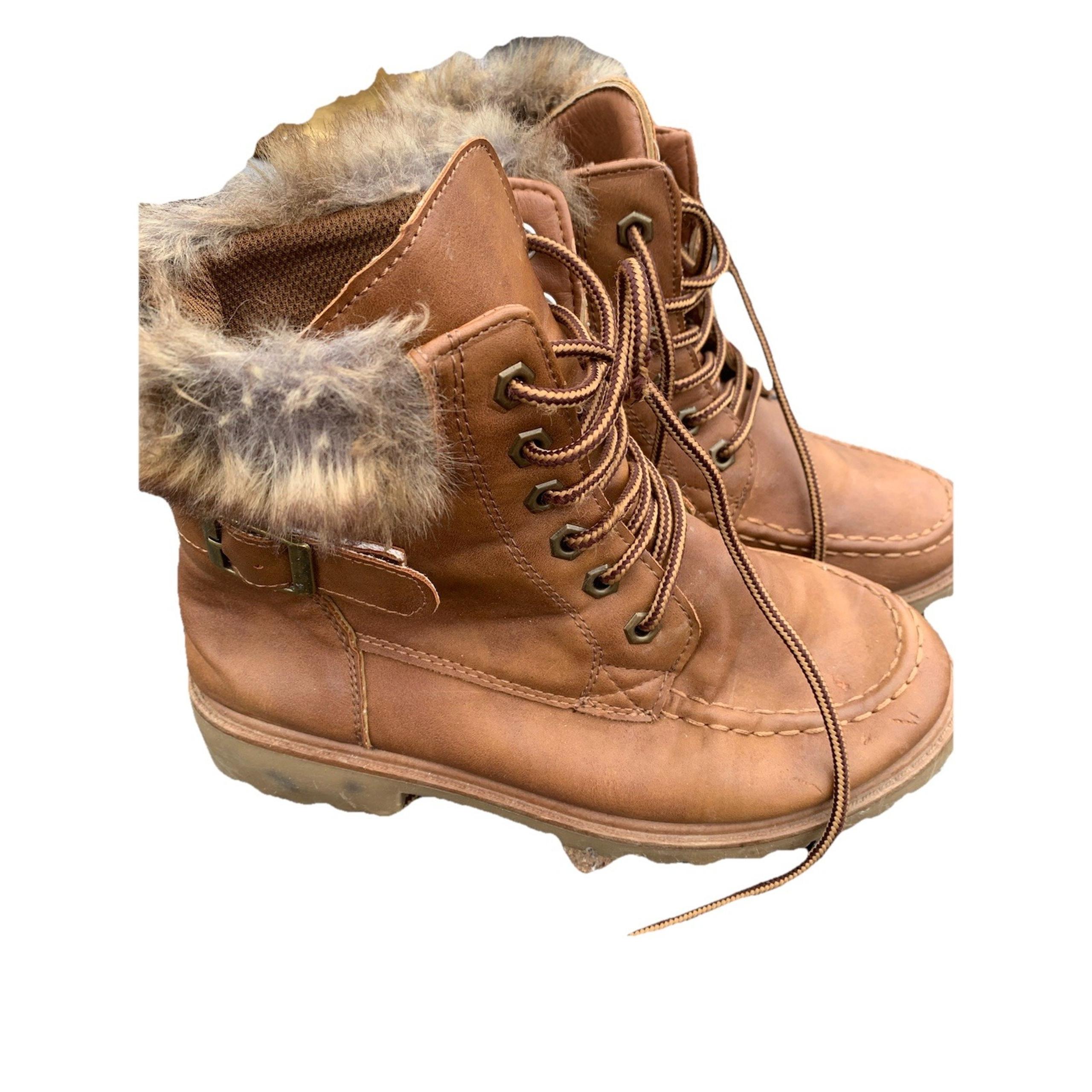 Forever 21 Women's Size 7 Faux Leather/Faux Fur Lace Up Combat Boots Brown
