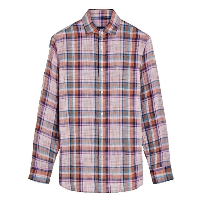 Bugatchi Men's Julian Madras Check Long Sleeve Linen Shirt NWT - Size L
