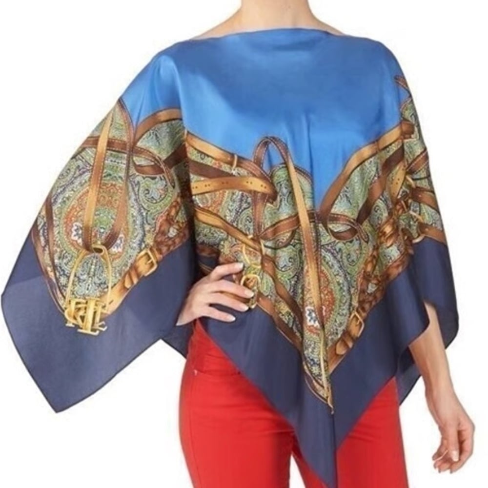 Lauren By Ralph Lauren Silk Poncho Blue Chain One Size​​